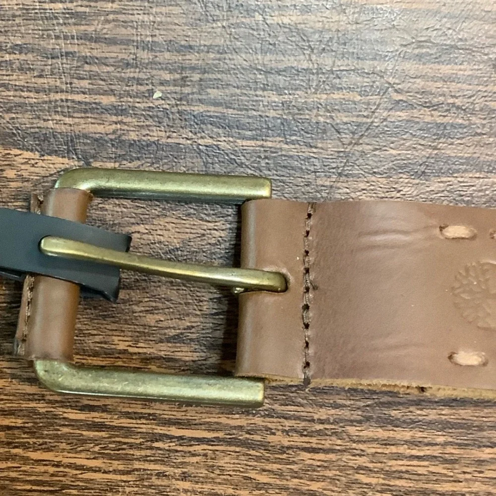 Timberland Mens Brown Genuine Leather Belt Brass Buckle Size 48‎